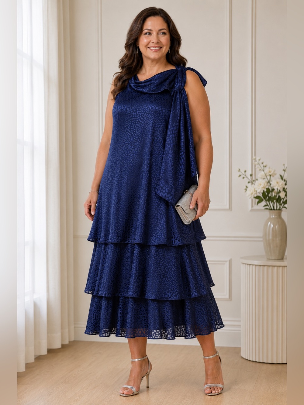 Signature by Sangria Navy Blue Jacquard Tiered Dress Size 14 Wedding Guest NWT